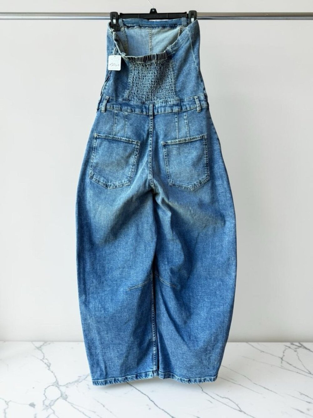 Free People We The Free Womens M Strapless Denim Jumpsuit Barrel Leg Blue NWT - Picture 2 of 12